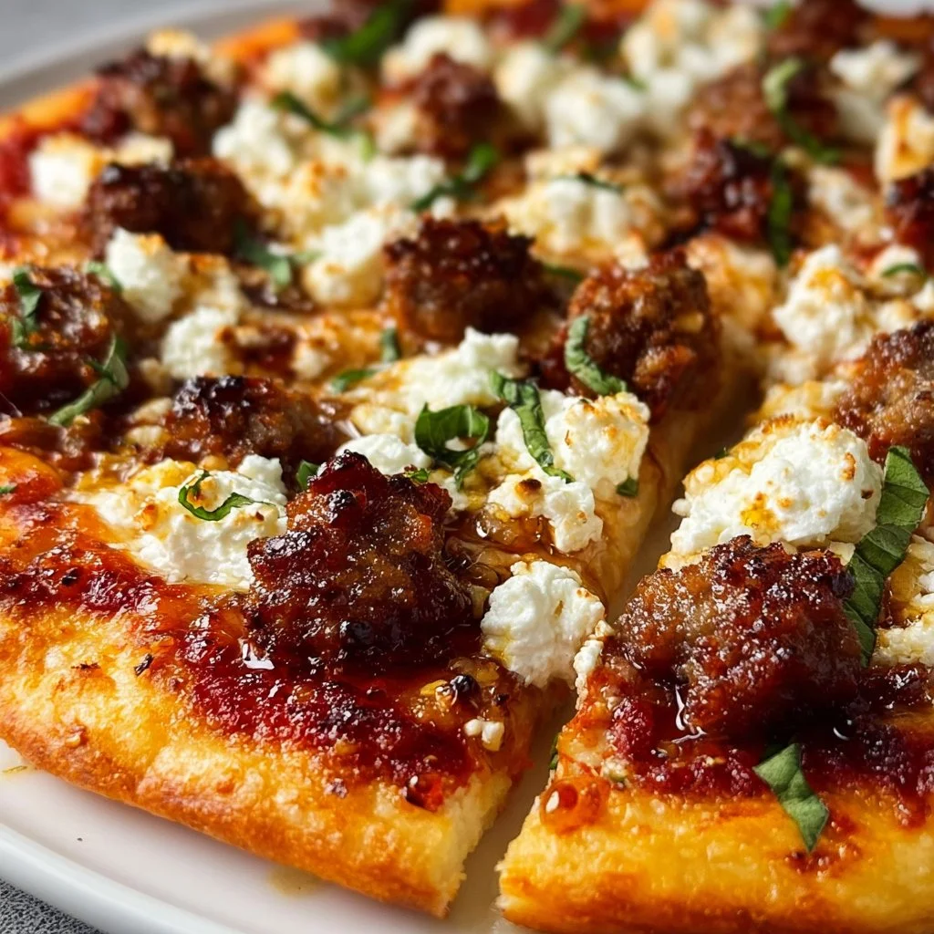 Sausage Ricotta Honey Hot Pizza with a crispy crust and vibrant toppings