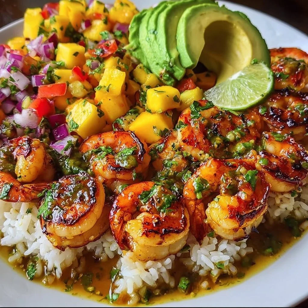 Shrimp avocado bowls topped with fresh mango salsa in a colorful dish.