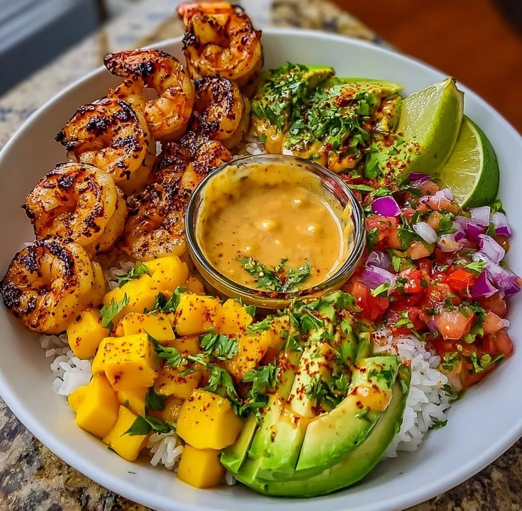 Shrimp avocado bowls with mango salsa and lime-chili sauce on a plate