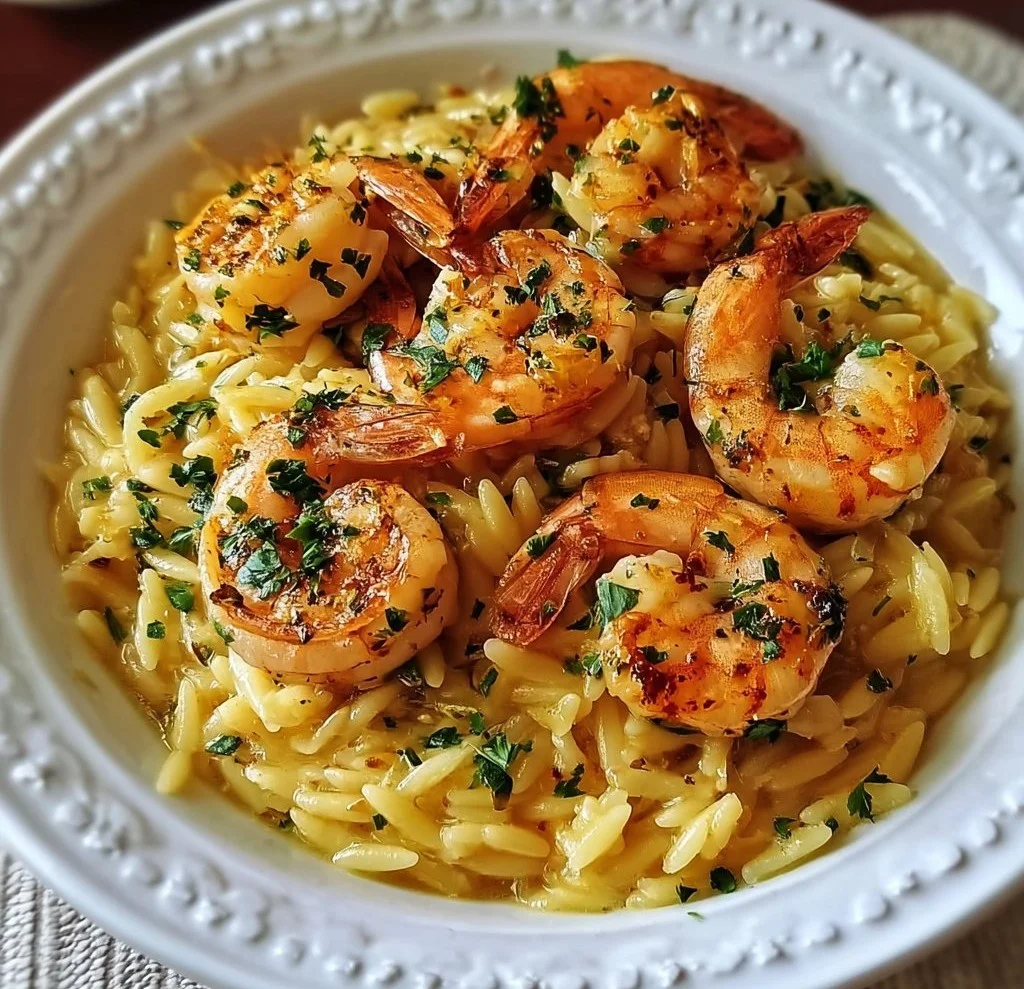 Plate of Shrimp Orzo in Lemon Garlic Sauce garnished with herbs