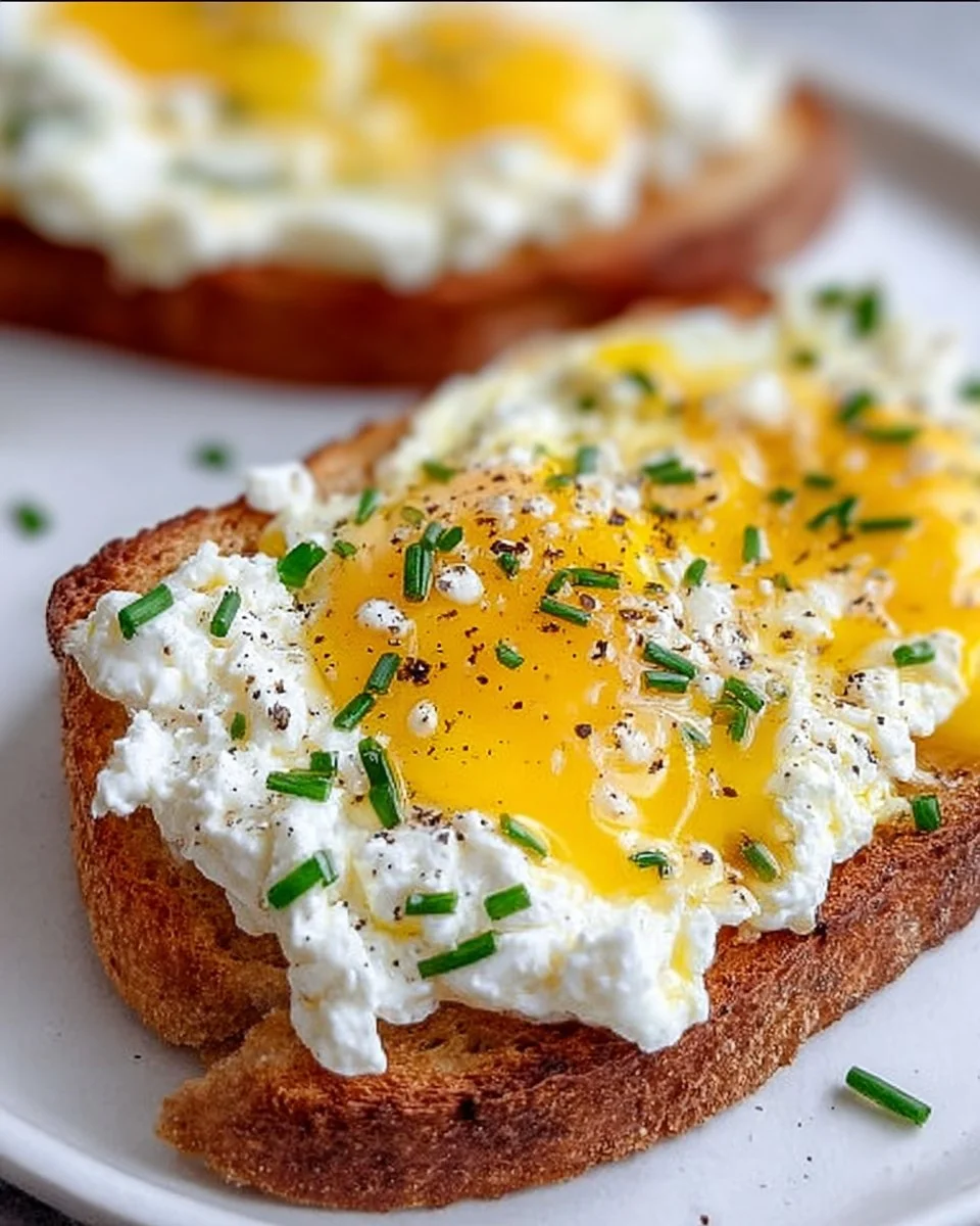 Simple Egg and Ricotta Toast topped with herbs on a plate
