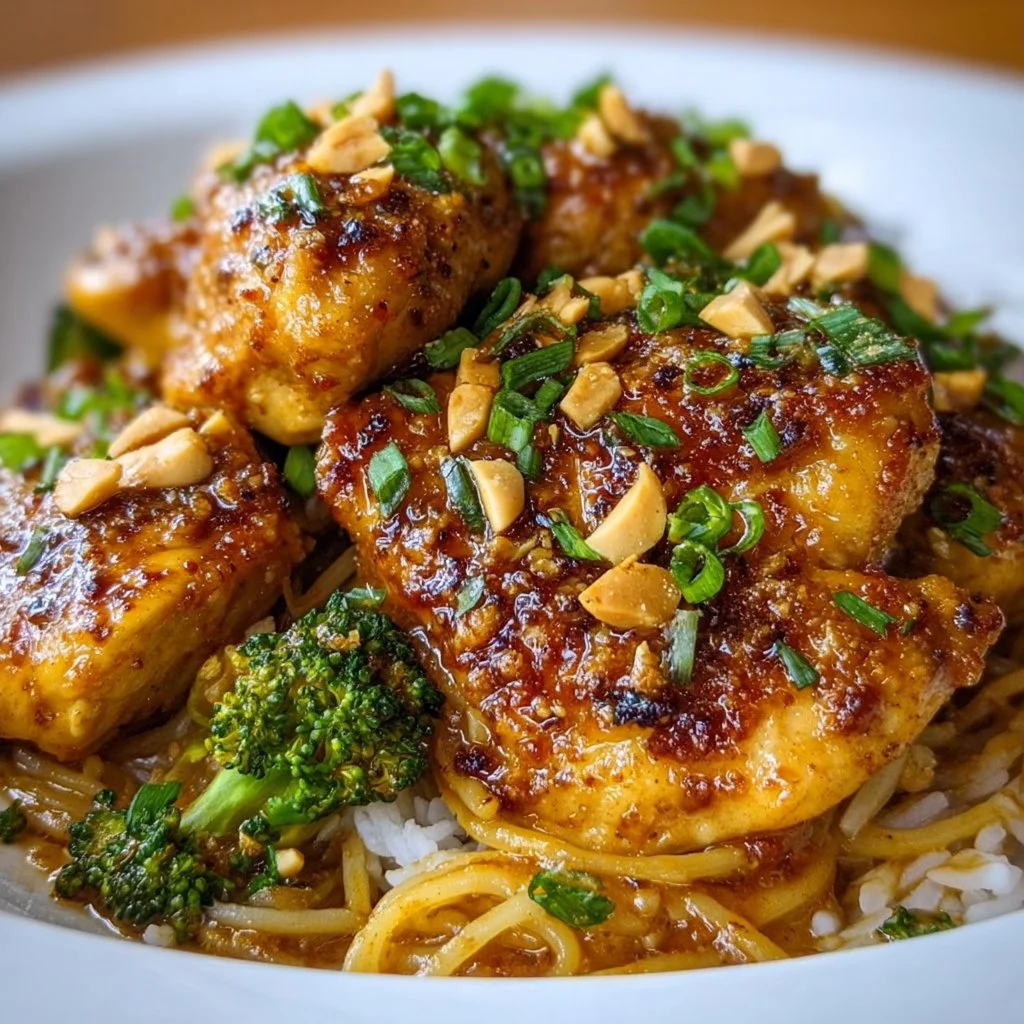 Slow cooker peanut chicken garnished with peanuts and herbs, served in a bowl