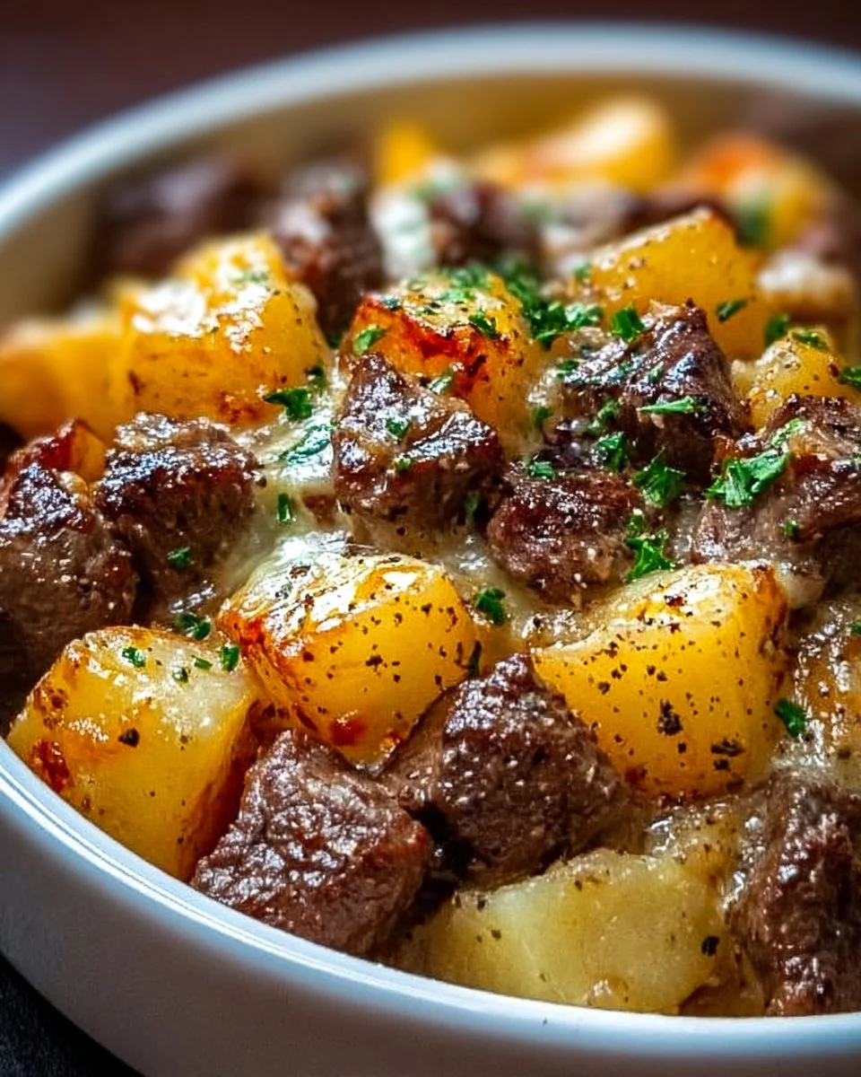 Slow Cooker Steak and Cheddar Potato Casserole served in a bowl