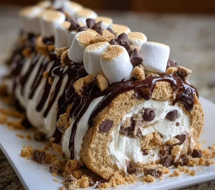 Delicious S'mores cookie dough ice cream roll with marshmallows and chocolate