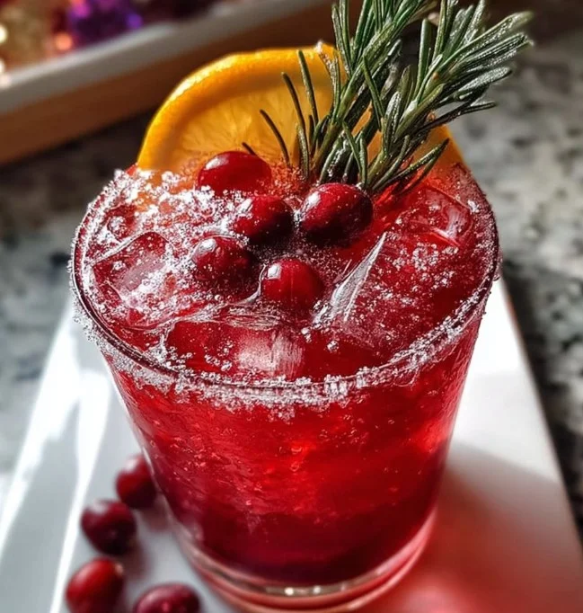 Sparkling Cranberry Rosemary Cocktail garnished with fresh herbs and cranberries