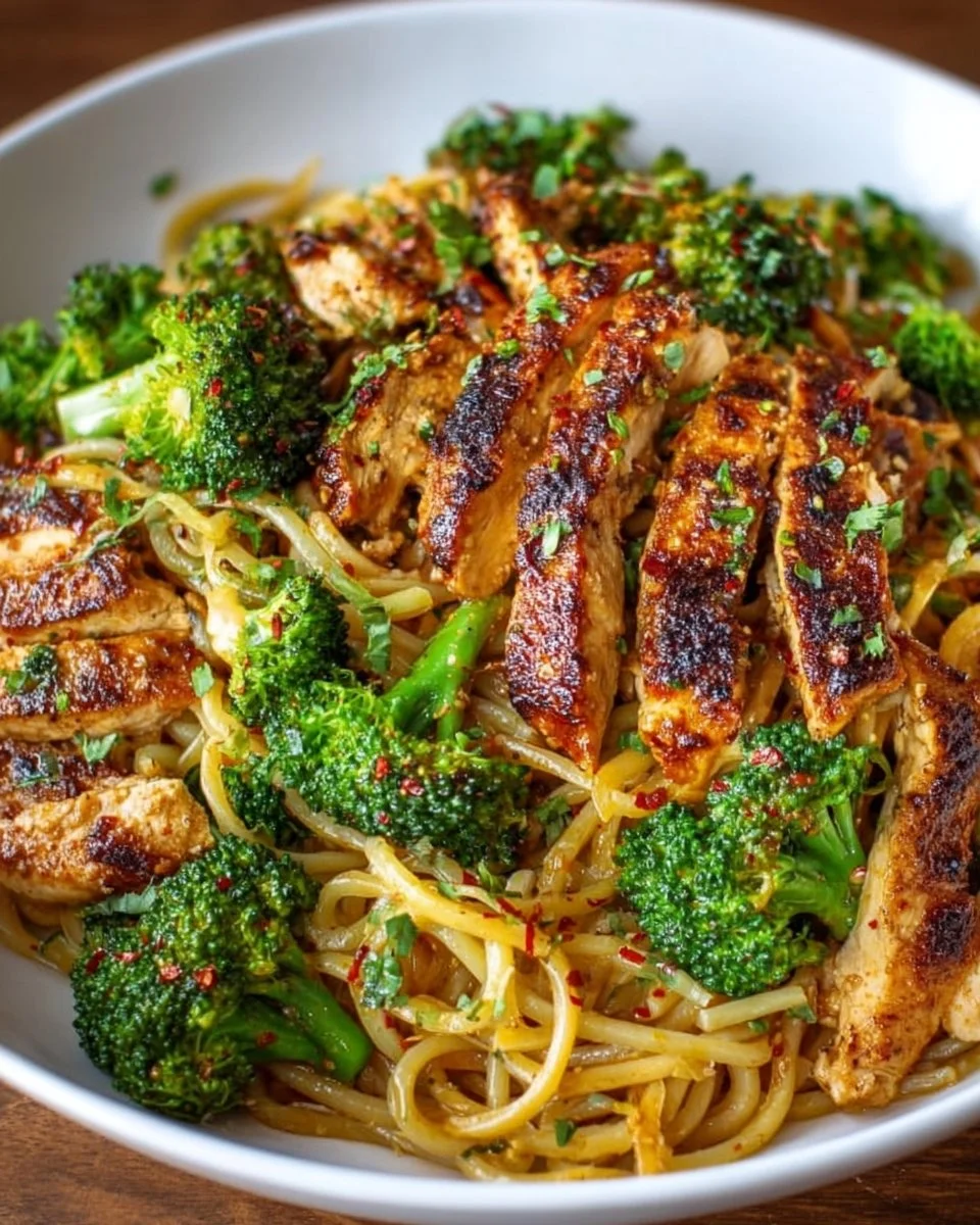 Spicy garlic chicken served with broccoli and noodles in a vibrant bowl
