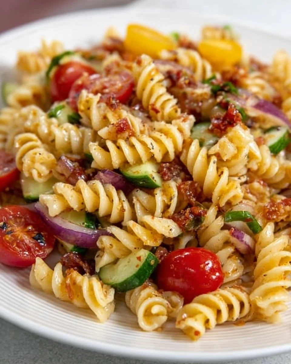Spicy Italian pasta salad served in a bowl with colorful vegetables and herbs