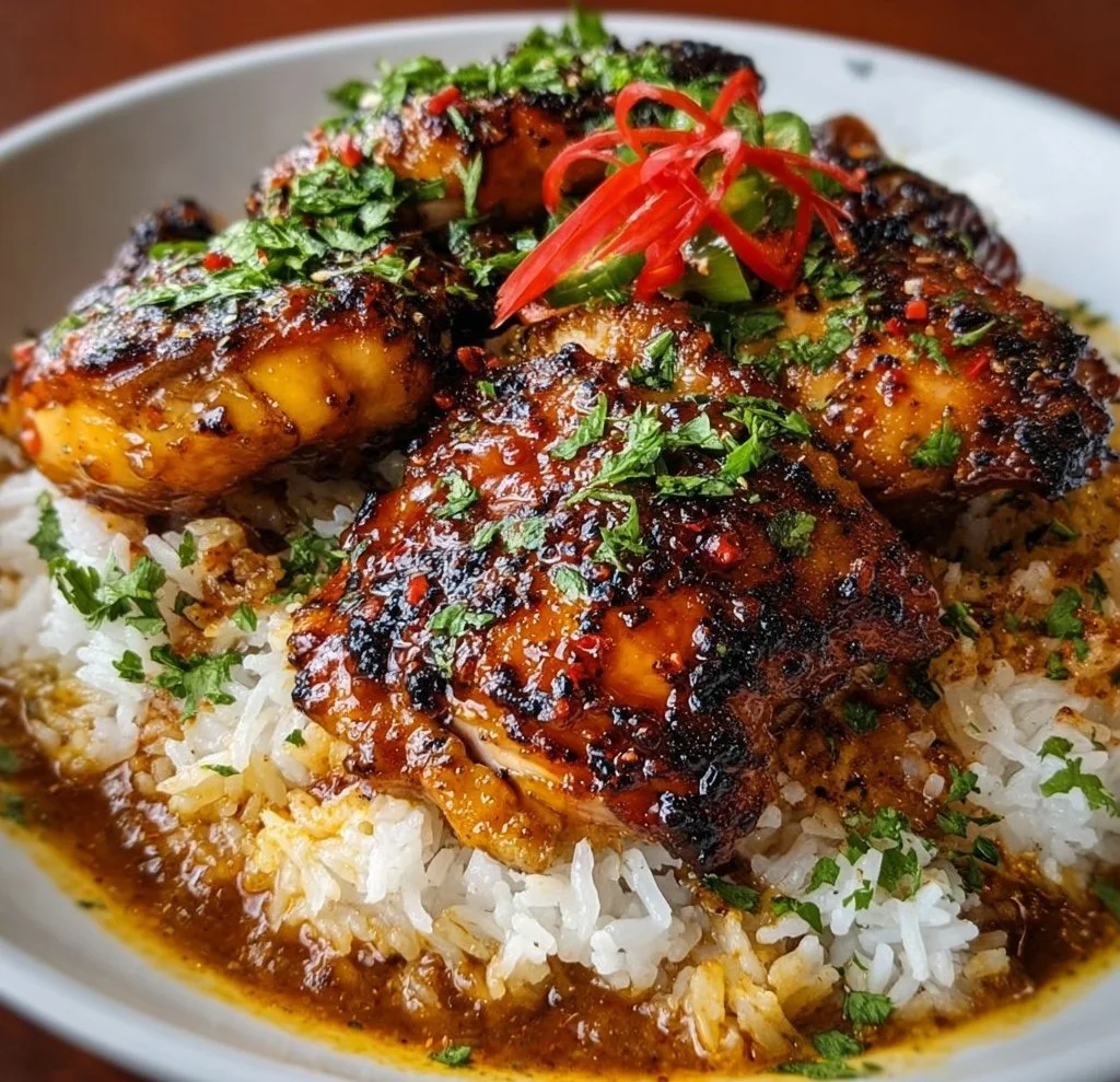 Plate of spicy maple chicken served with fluffy coconut rice and garnishes