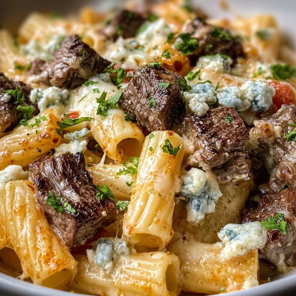 Steak and Blue Cheese Rigatoni Bake in a casserole dish