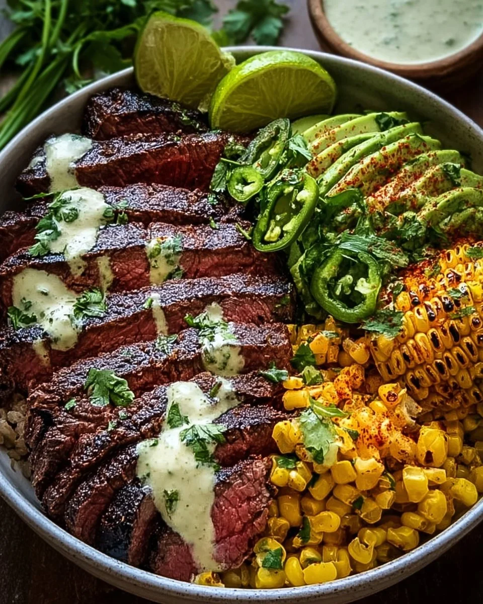 Steak Bowl topped with avocado and roasted corn in cilantro cream sauce
