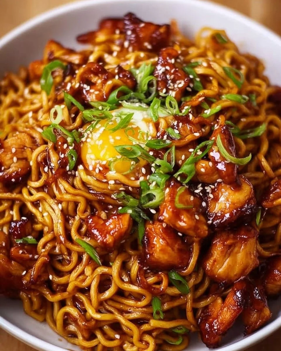 Delicious sticky garlic chicken noodles with tender chicken and rich flavors