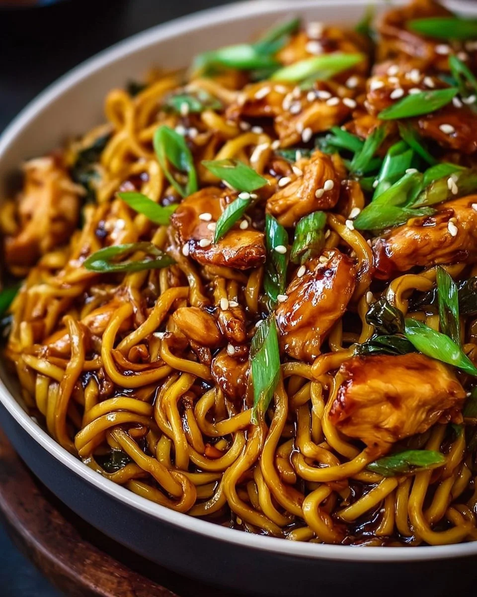 Plate of sticky garlic chicken noodles garnished with green onions