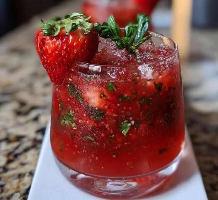 Refreshing Strawberry Basil Smash cocktail served in a glass with fresh strawberries and basil.