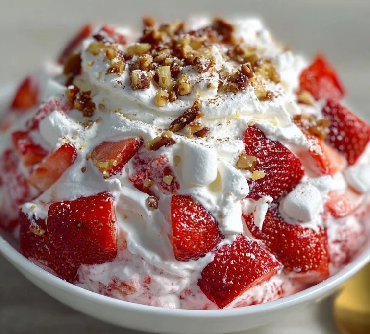Delicious Strawberry Crackle Salad with fresh strawberries and crunchy toppings