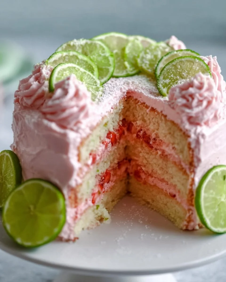 Delicious Strawberry Limeade Cake with fresh strawberries and lime frosting