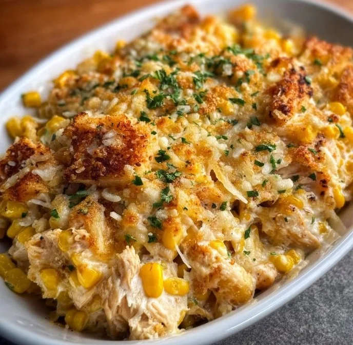 Delicious Street Corn Chicken Casserole served in a baking dish