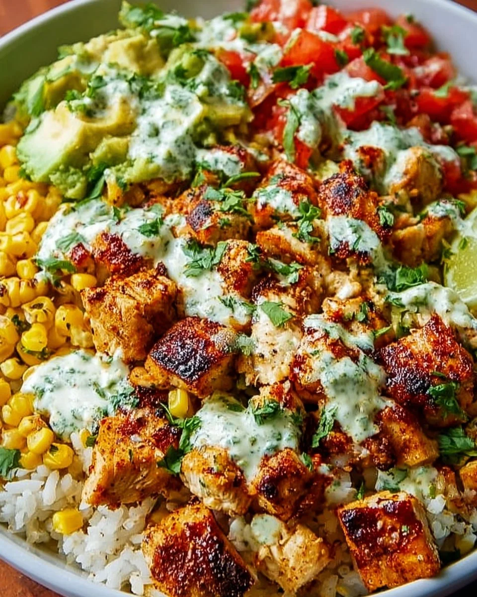 Delicious Street Corn Chicken Rice Bowl topped with fresh ingredients.
