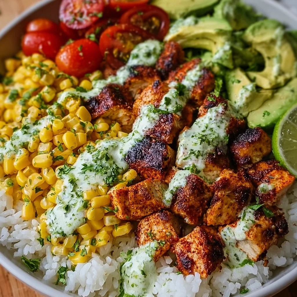 Delicious Street Corn Chicken Rice Bowl with vibrant toppings and spices