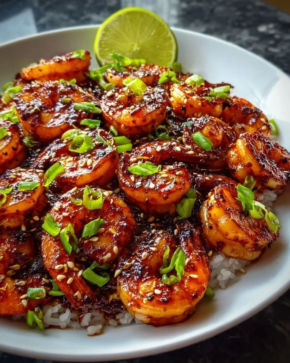 Plate of sweet and spicy gochujang shrimp garnished with herbs and sesame seeds.