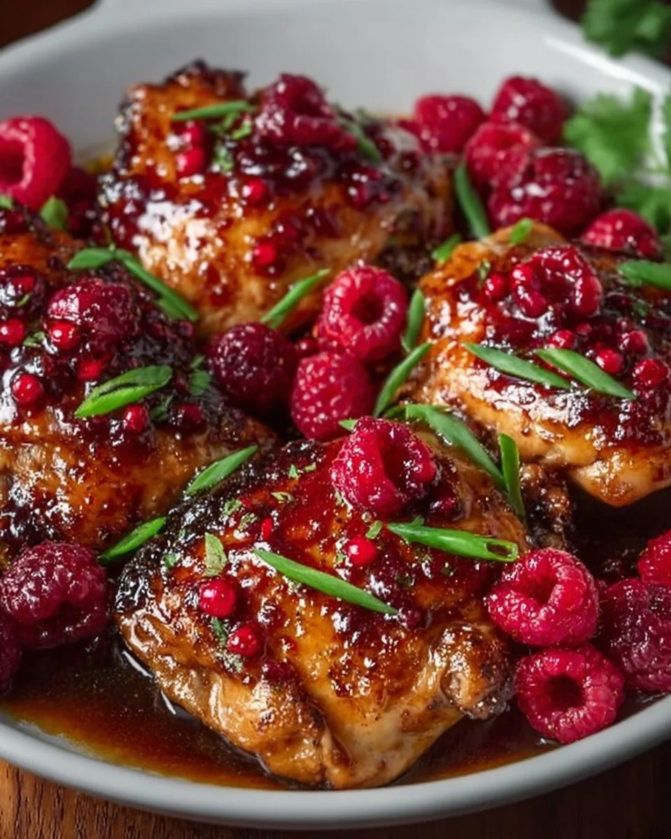 Sweet and spicy jalapeno raspberry chicken dish served on a plate.