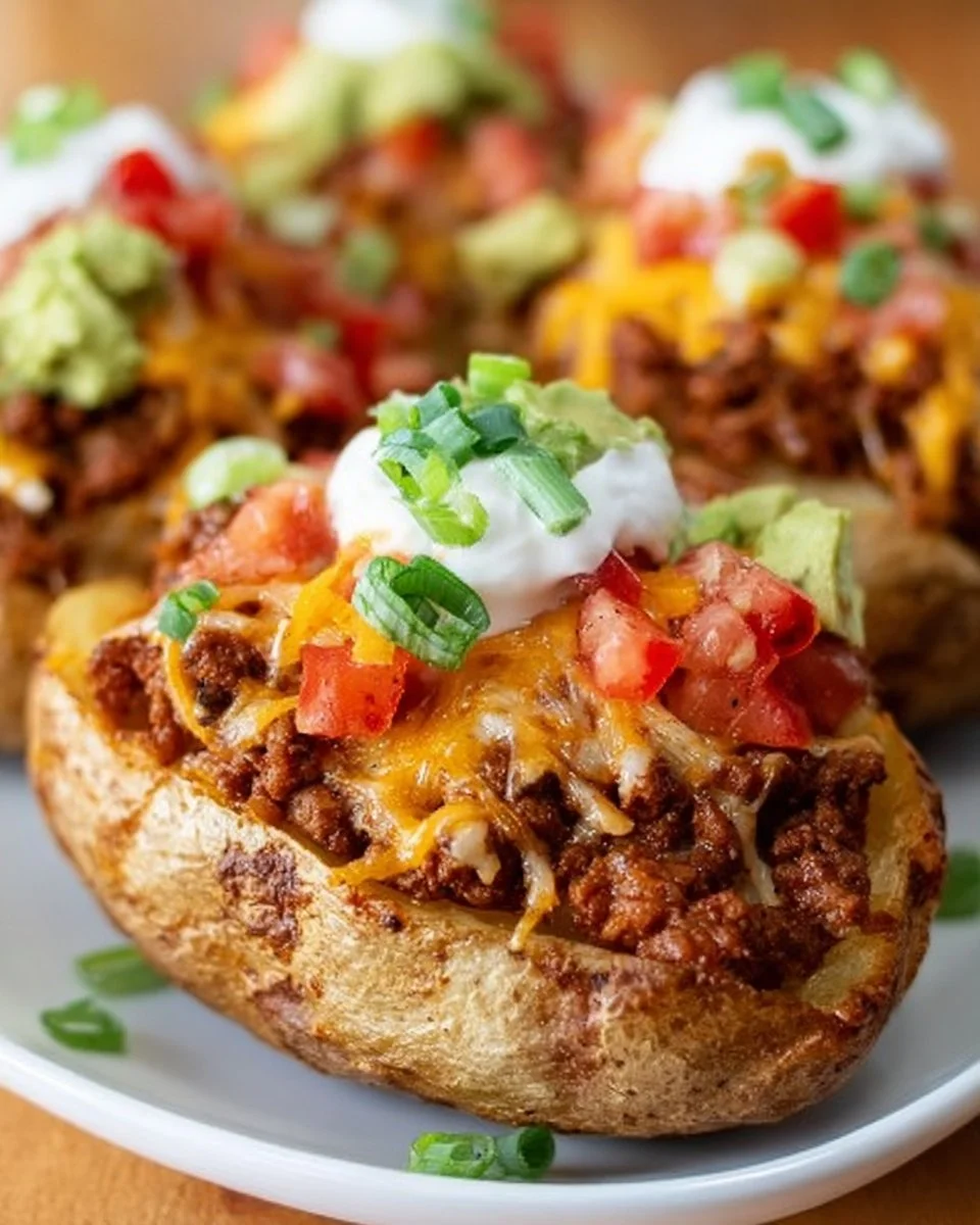 Delicious Taco Potatoes served with toppings and fresh ingredients.