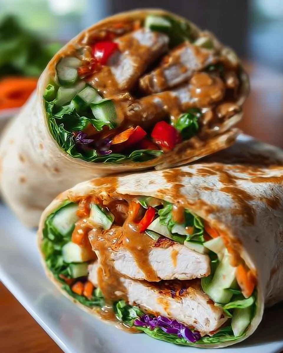 Thai Peanut Chicken Wraps filled with fresh vegetables and creamy peanut sauce