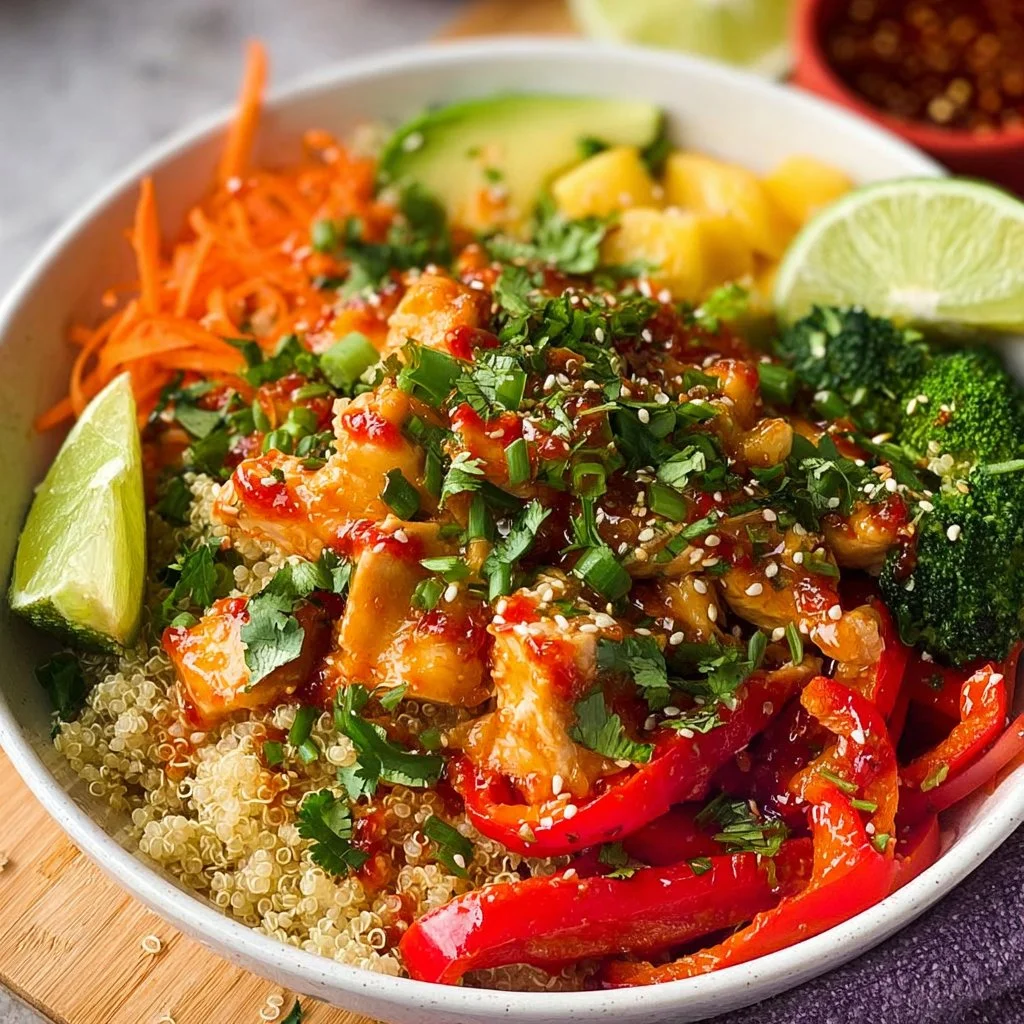 Thai Sweet Chili Chicken Buddha Bowls with fresh vegetables