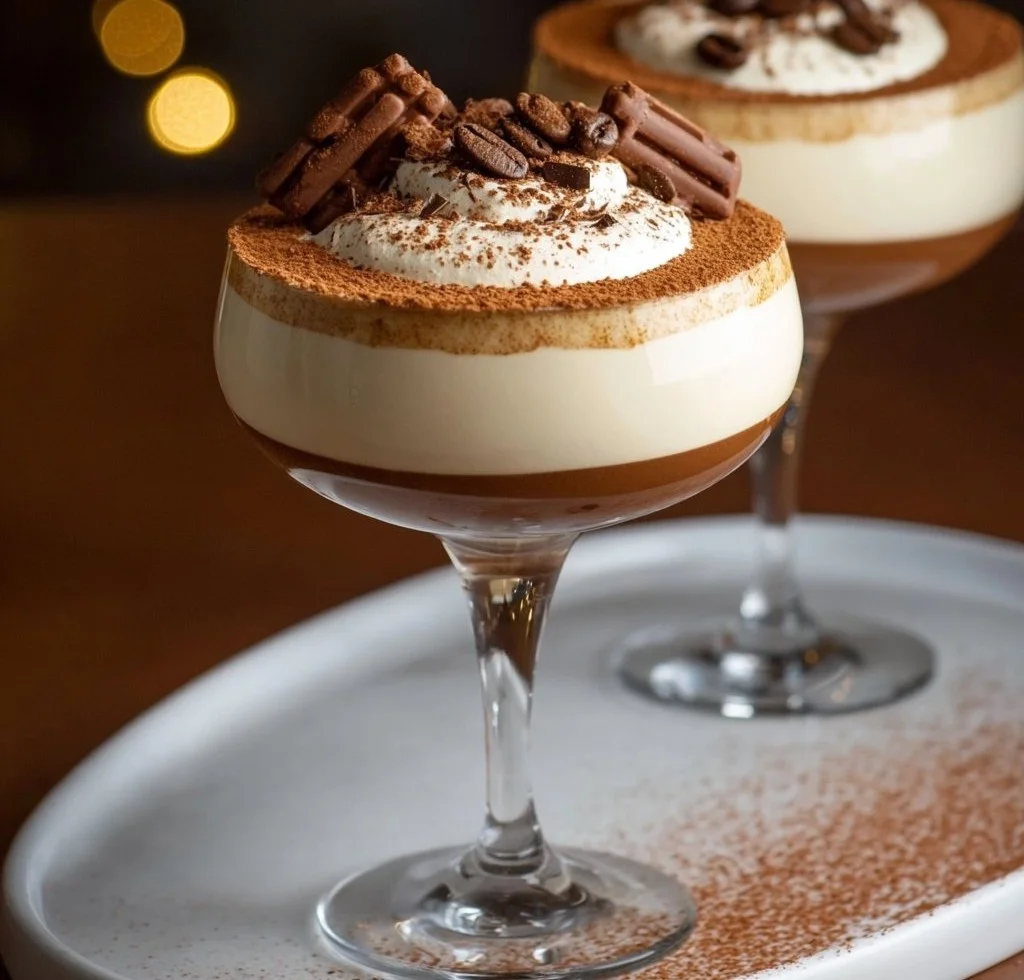 Tiramisu Martini cocktail with coffee, cream, and cocoa topping