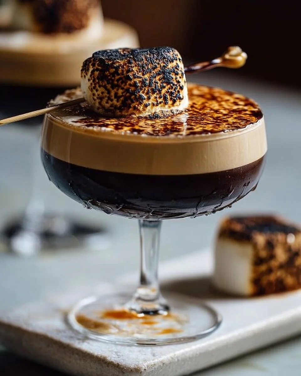 Toasted marshmallow espresso martini topped with roasted marshmallows