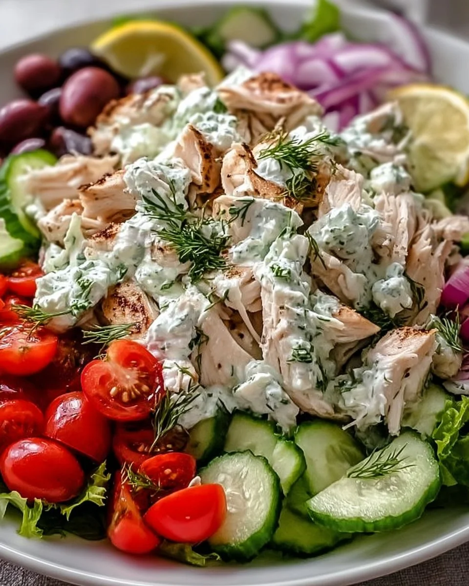 Delicious Tzatziki Chicken Salad served in a bowl with fresh vegetables
