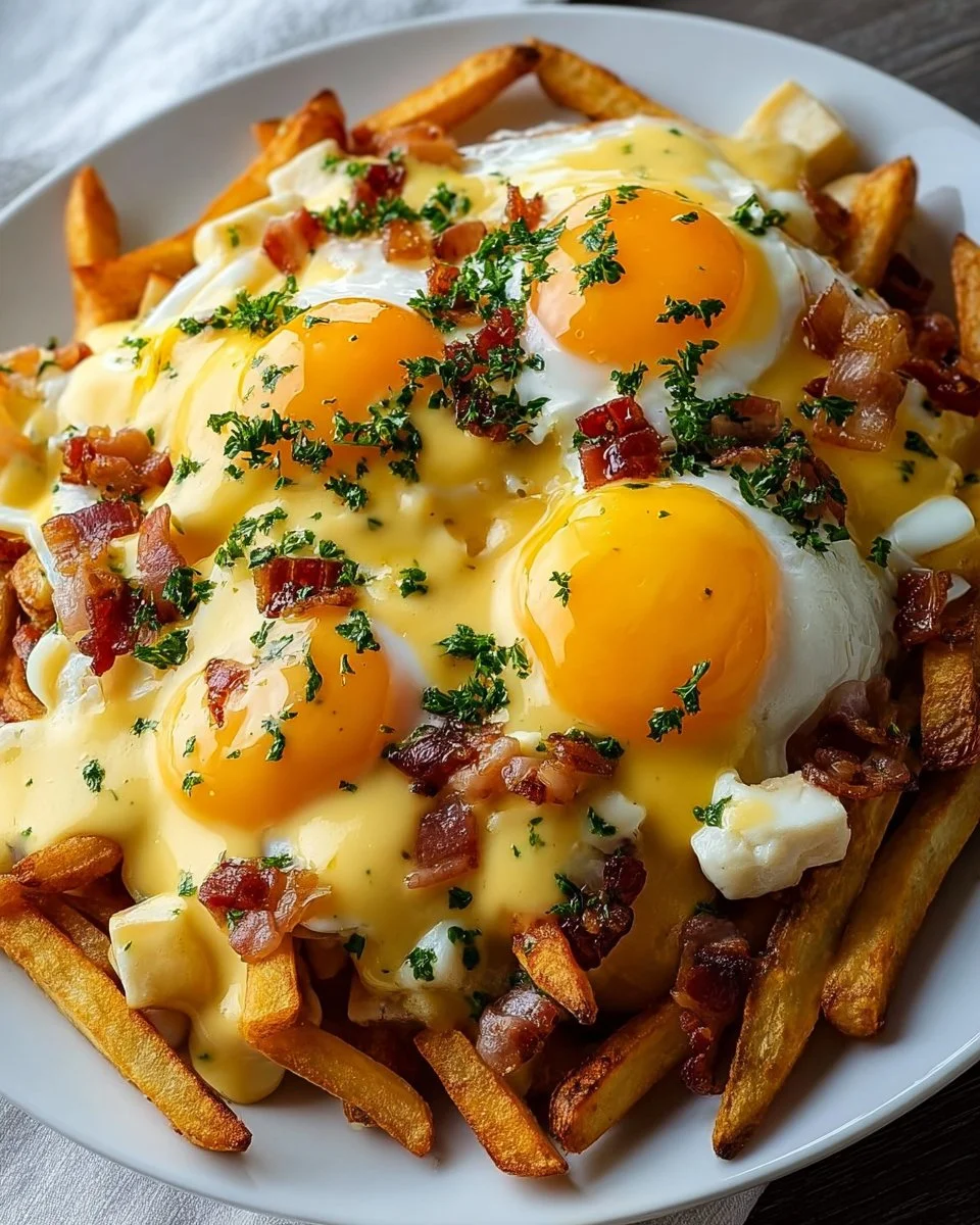 Ultimate breakfast poutine with creamy hollandaise sauce served on a plate