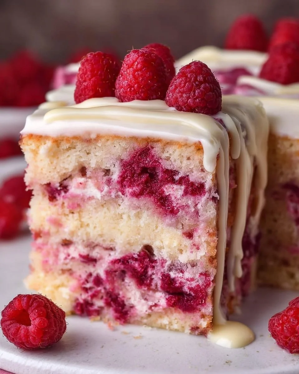 Slice of White Chocolate Raspberry Cake topped with fresh raspberries and white chocolate shavings.