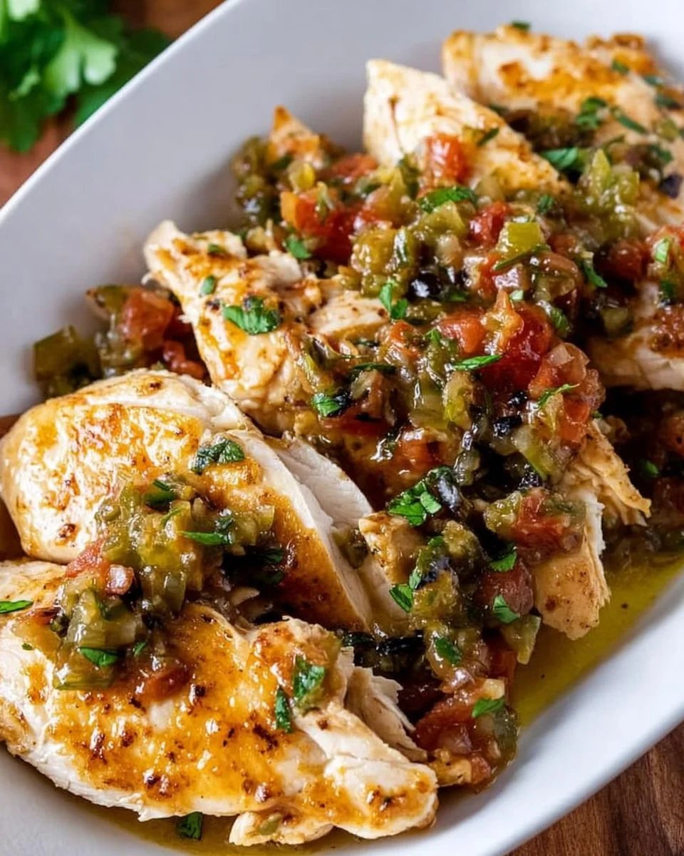 Delicious 2 Ingredient Salsa Chicken served with a fresh garnish