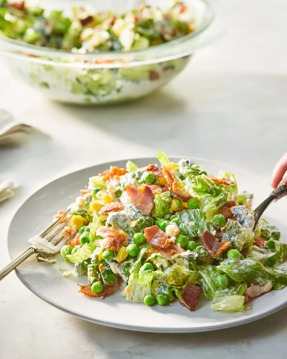A vibrant 7 Layer Salad featuring fresh vegetables and layers of flavor.