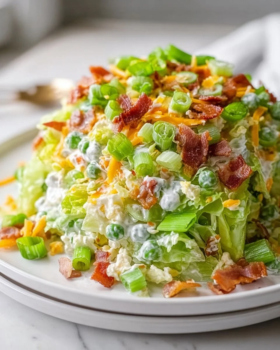 A colorful 7 layer salad with vibrant vegetables and toppings in a glass dish.