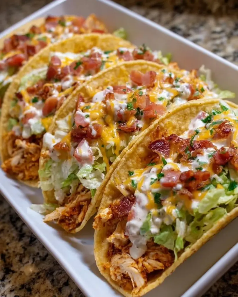 Baked chicken bacon ranch tacos topped with cheese and fresh herbs
