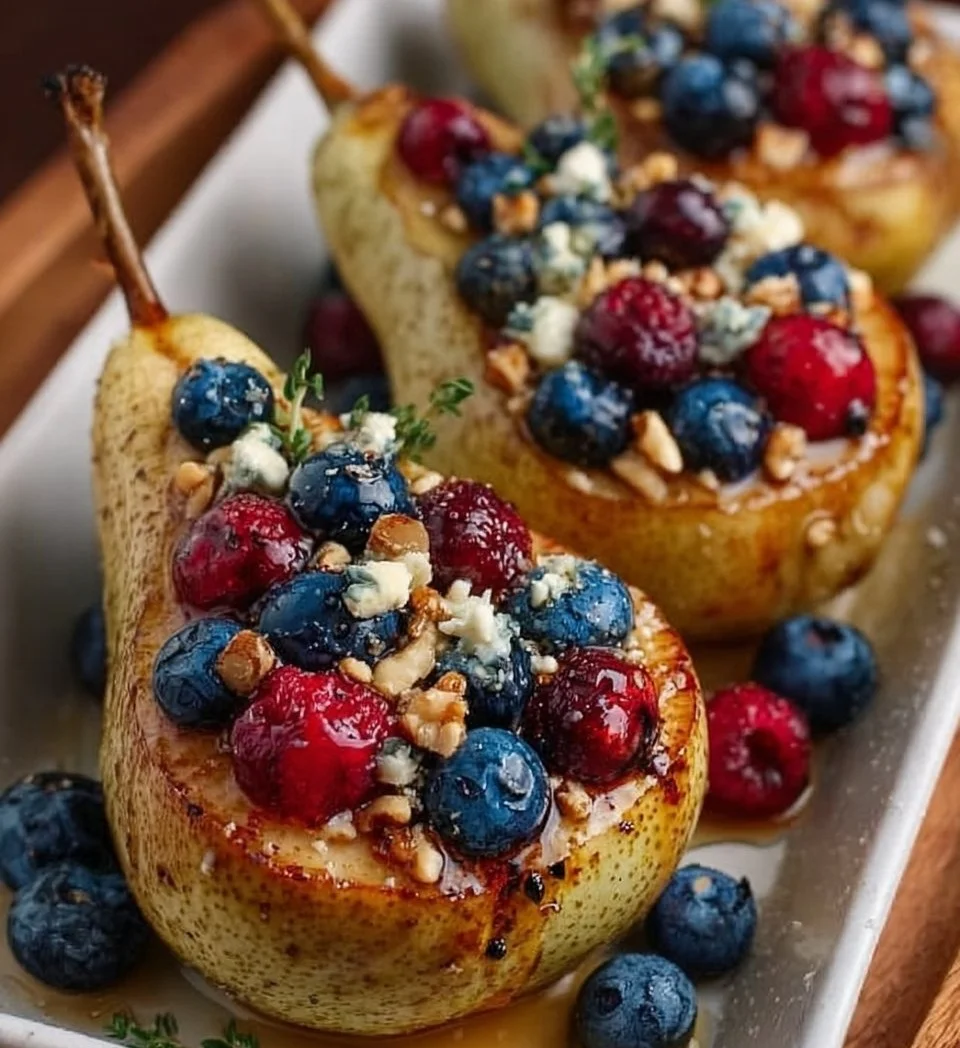 Baked pears with berries, honey, walnuts, and blue cheese garnished on a plate.