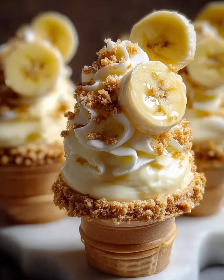 Delicious banana pudding cheesecake cones topped with whipped cream and fresh bananas.