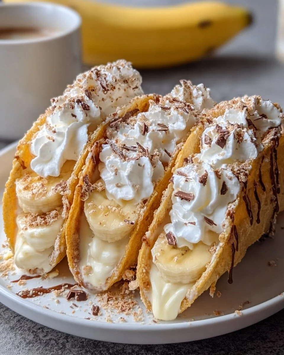 Delicious banana pudding tacos garnished with whipped cream and banana slices.