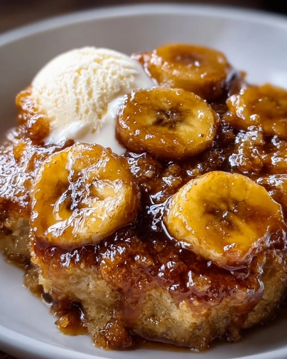 Delicious Bananas Foster Cobbler topped with caramelized bananas and ice cream