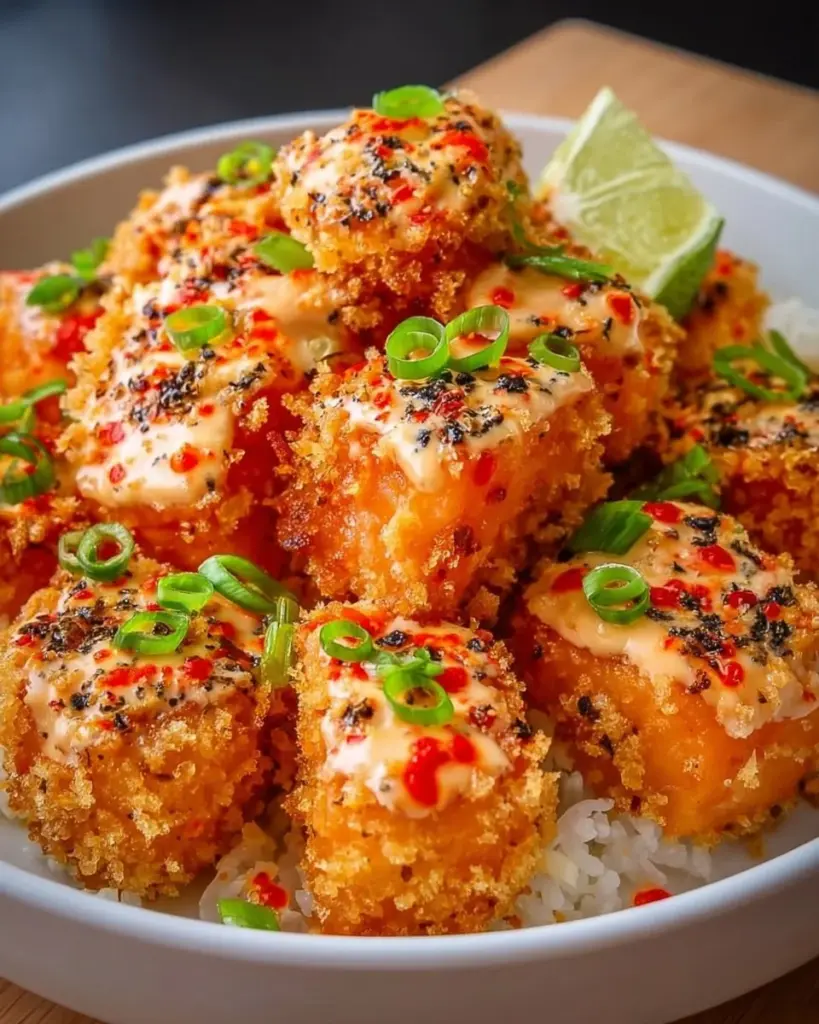 Delicious Bang Bang Salmon Bites served on a plate.