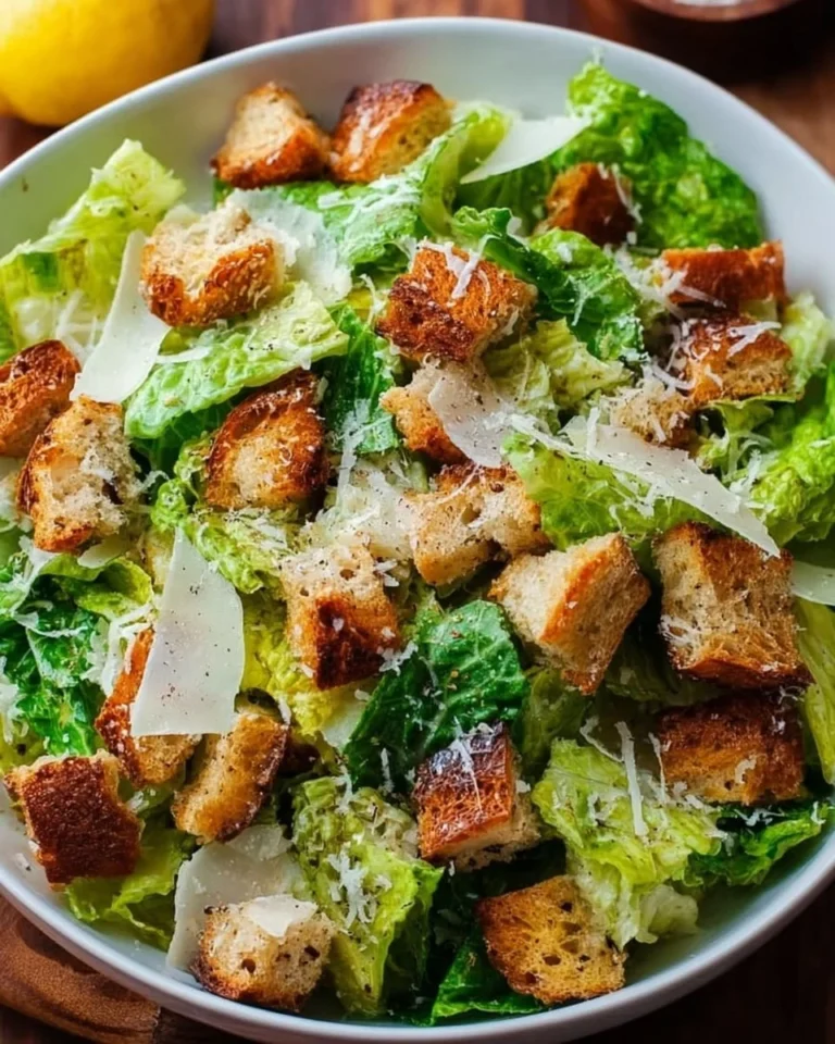 Delicious homemade Caesar Salad with romaine, croutons, and dressing