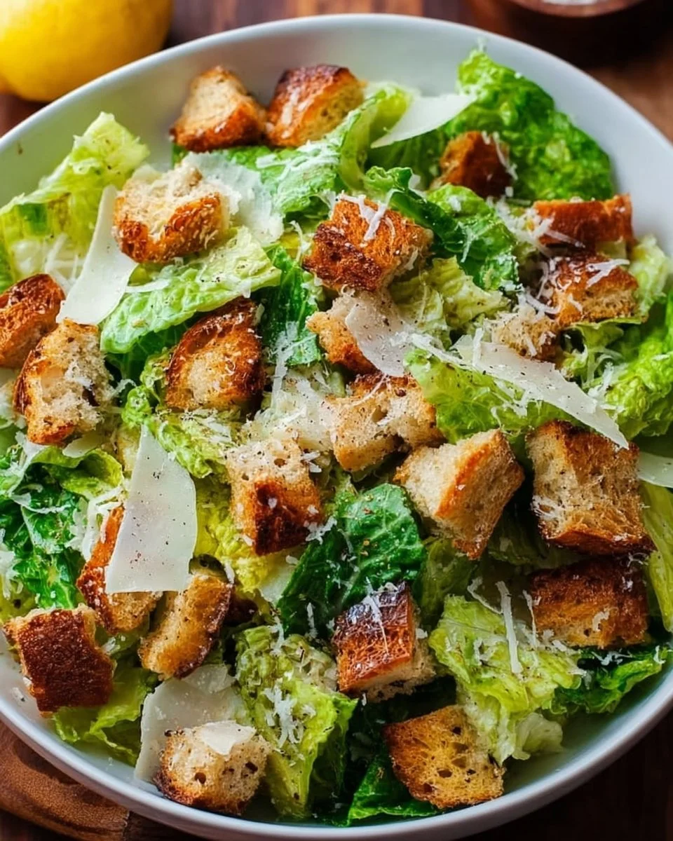 Delicious homemade Caesar Salad with romaine, croutons, and dressing