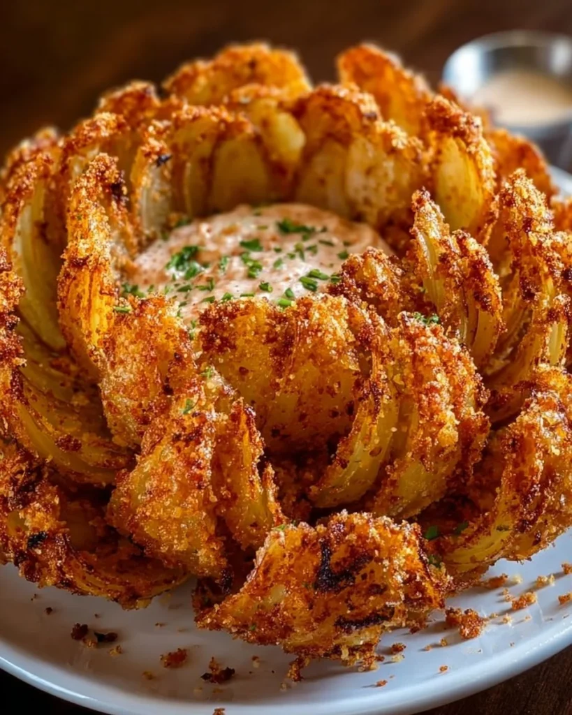 Deliciously crispy Blooming Onion served with dipping sauce.