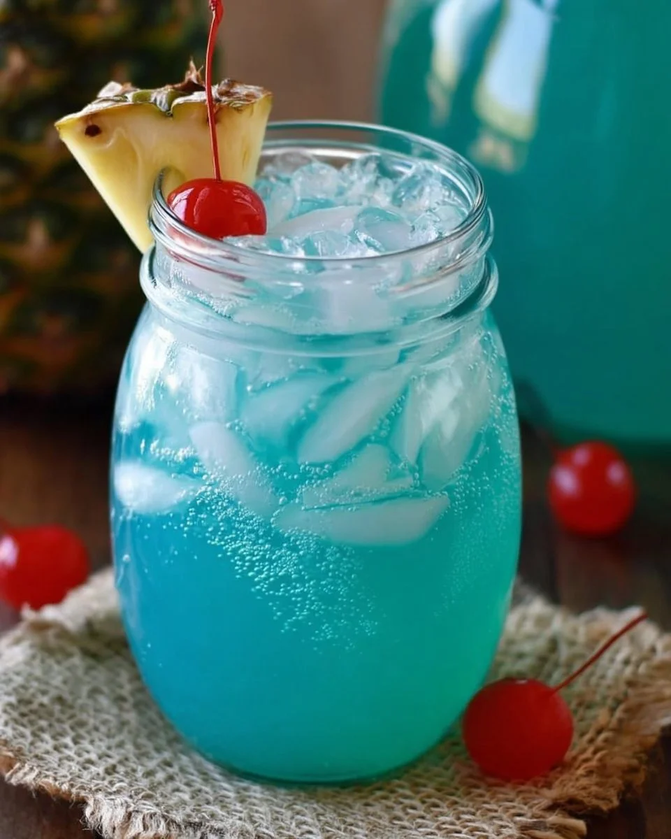Blue Hawaiian Party Punch in a vibrant pitcher with tropical fruits and ice.