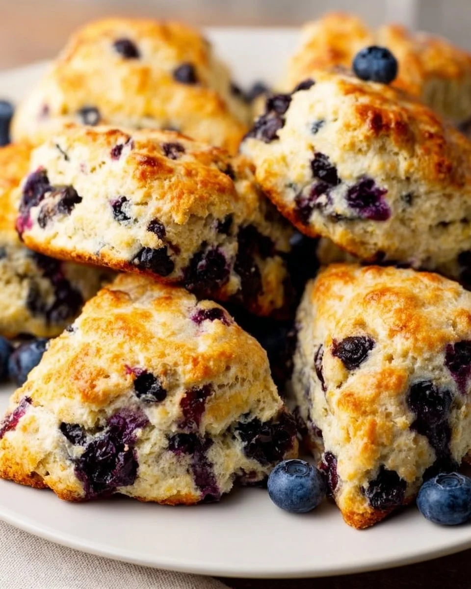 Freshly baked blueberry scones with a golden crust and juicy blueberries