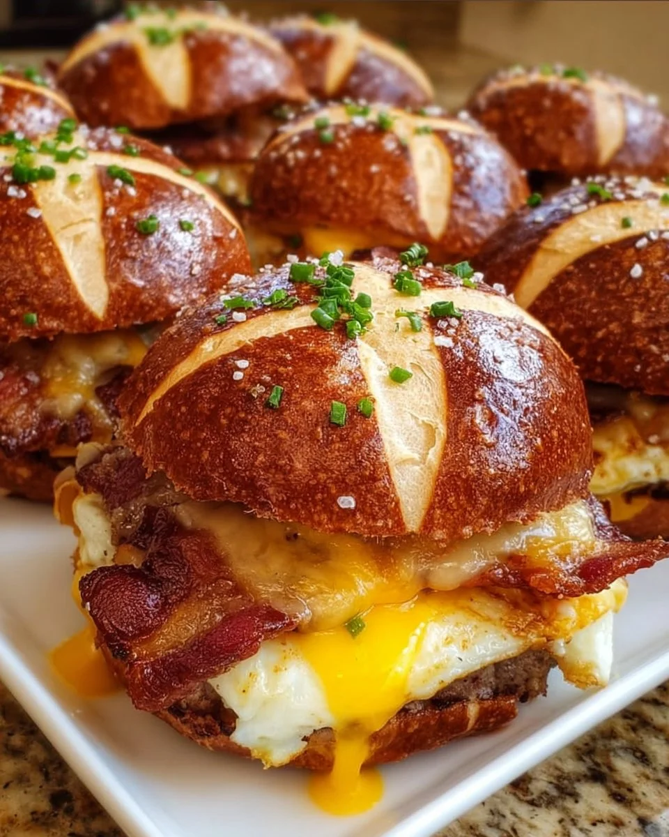 Breakfast sliders on pretzel buns, served with eggs and cheese.