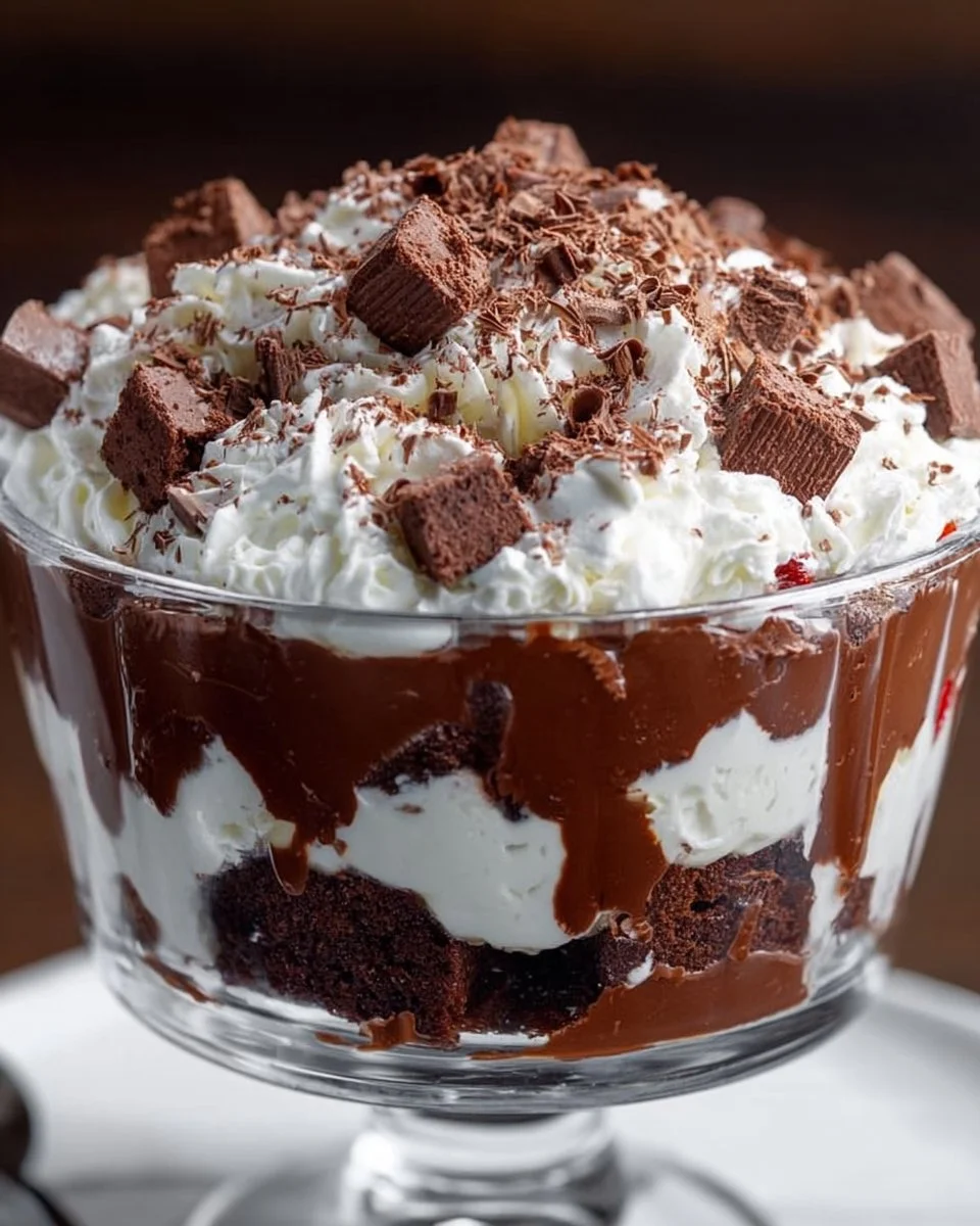 Delicious brownie trifle dessert with layers of brownies, mousse, and toppings