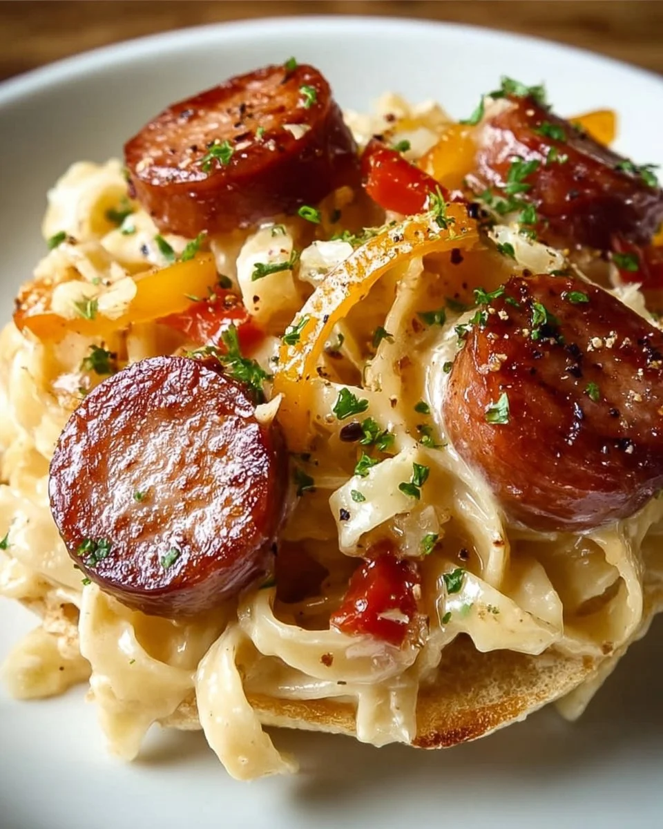 Creamy Cajun Smoked Sausage Alfredo Pasta dish garnished with parsley