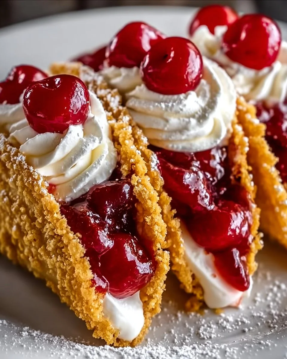 Delicious cherry cheesecake tacos with fresh cherries and creamy cheesecake filling
